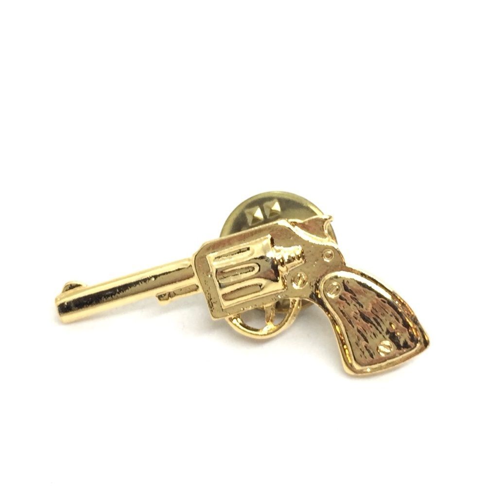 VINTAGE REVOLVER GUN TIE TACK LAPEL PIN GOLD TONE WESTERN COWBOY - Picture 5 of 12